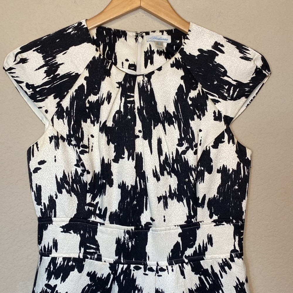 Shoshanna Black White Cap Sleeve Silk Wool Patterned Women's Sheath Dress 6 - Picture 6 of 13